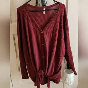 Button-Front Waffle Knit Tie-Hem Top - Burgundy